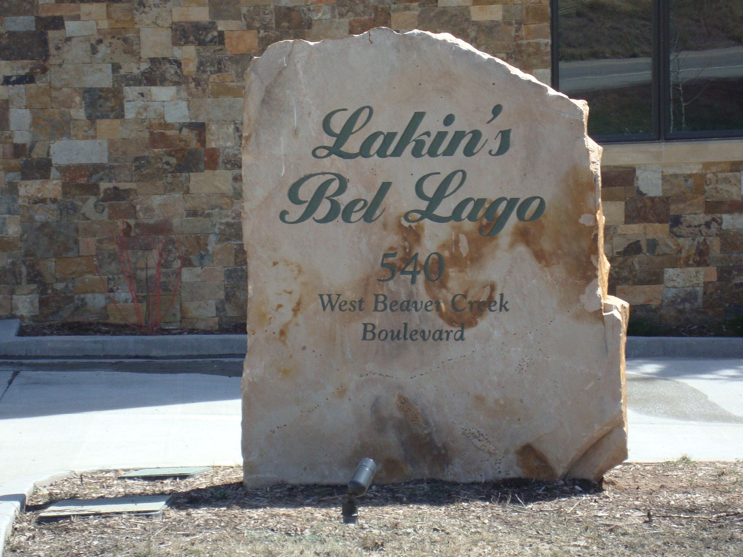 Close up view of the Bel Lago sign.