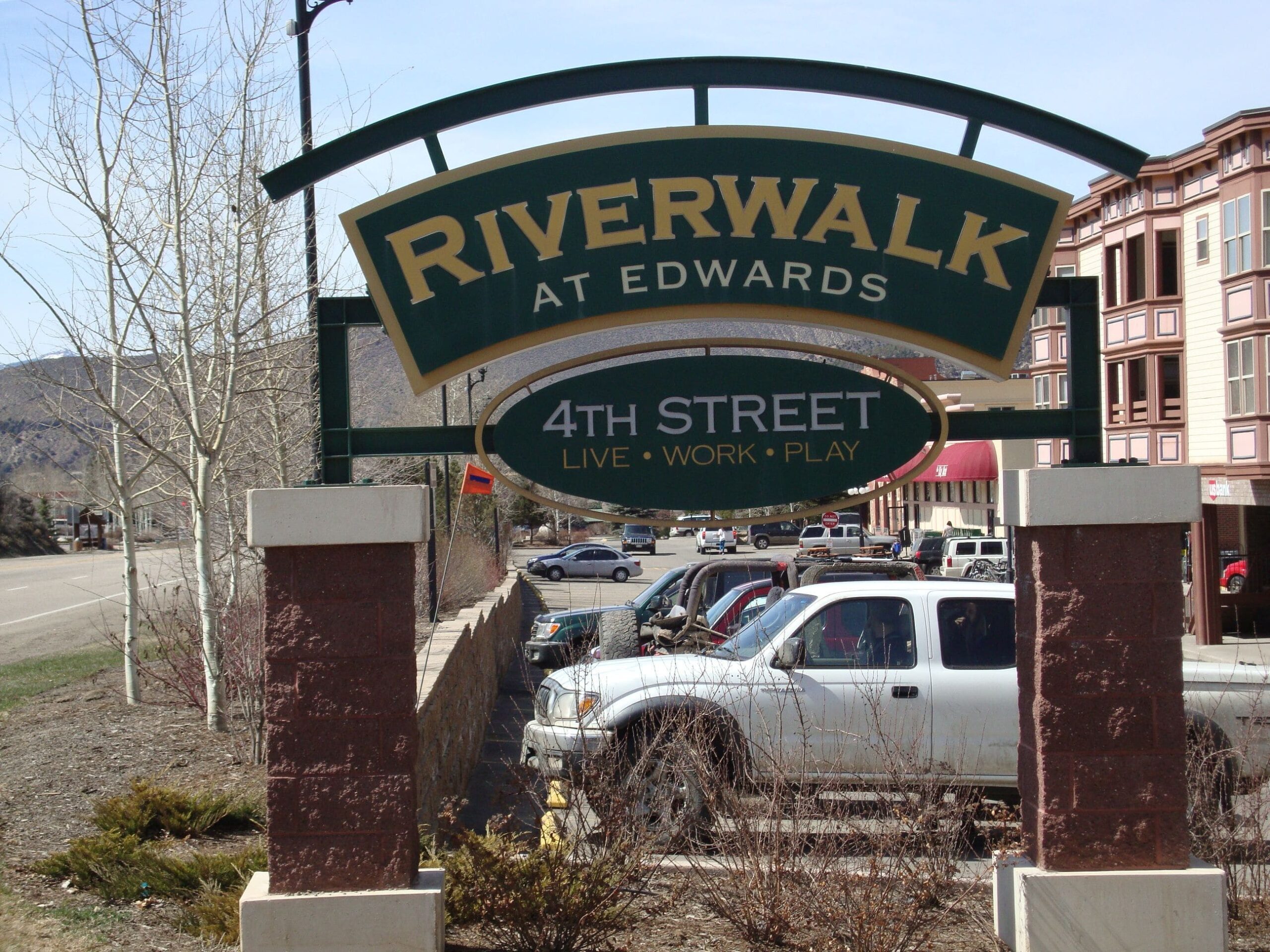 Close up view of the sign at Riverwalk at Edwards, Colorado