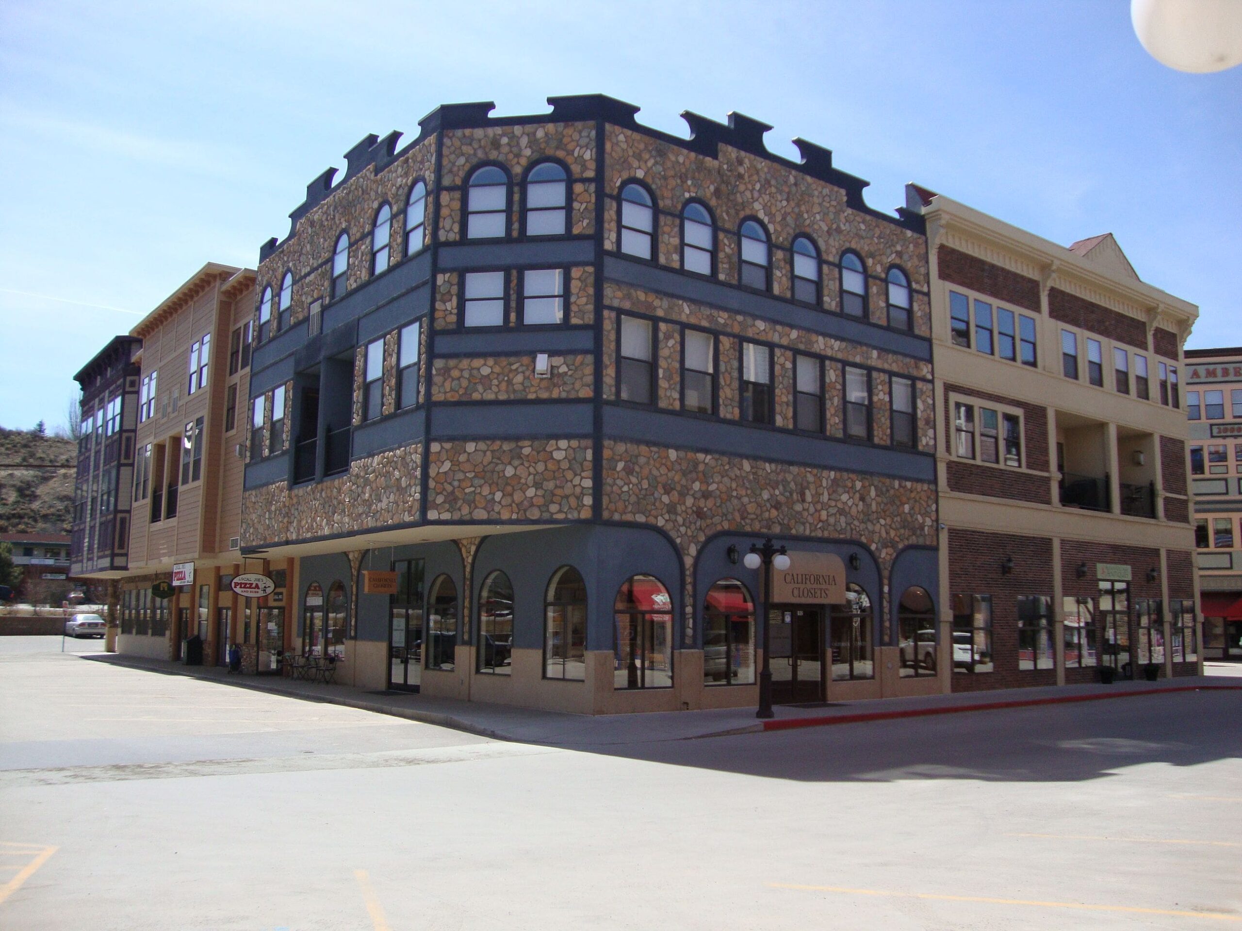 Wide angle view of the corner of the Ruby Building at Riverwalk at Edwards, Colorado.
